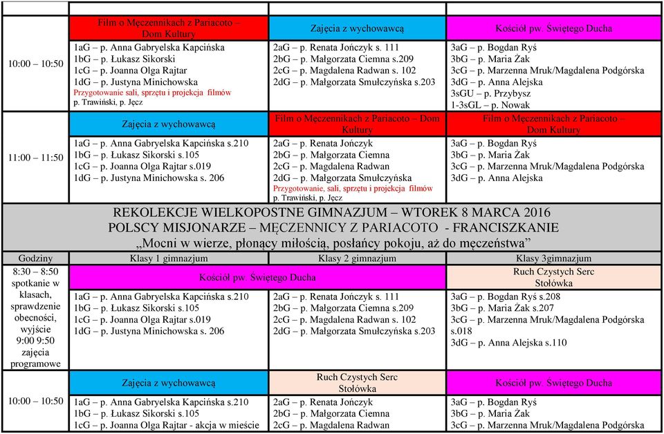 Justyna Minichowska s. 206 2aG p. Renata Jończyk s. 111 2bG p. Małgorzata Ciemna s.209 2cG p. Magdalena Radwan s. 102 2dG p. Małgorzata Smułczyńska s.