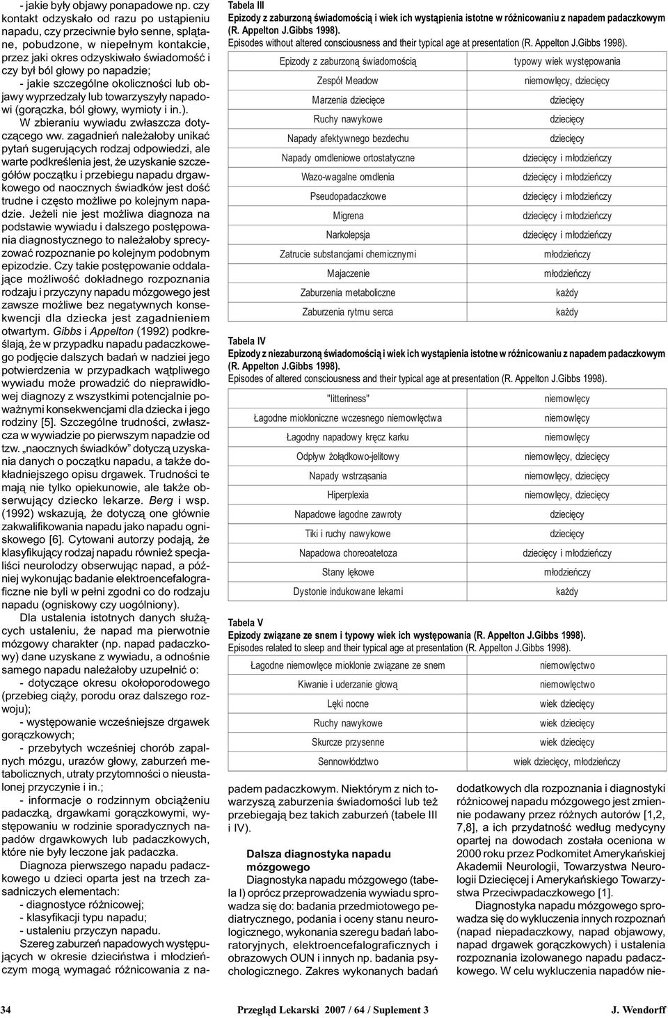 Epizody z zaburzon¹ œwiadomoœci¹ Tabela IV Epizody z niezaburzon¹ œwiadomoœci¹ i wiek ich wyst¹pienia istotne w ró nicowaniu z napadem padaczkowym (R. Appelton J.Gibbs 1998).