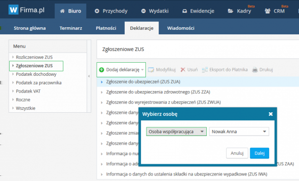 By zmodyfikować wprowadzony okres współpracy (np. w celu wprowadzenia daty końcowej), czy dokonać zmiany schematu opłacanych składek, wystarczy kliknąć na wprowadzoną datę i wybrać opcję Modyfikuj.