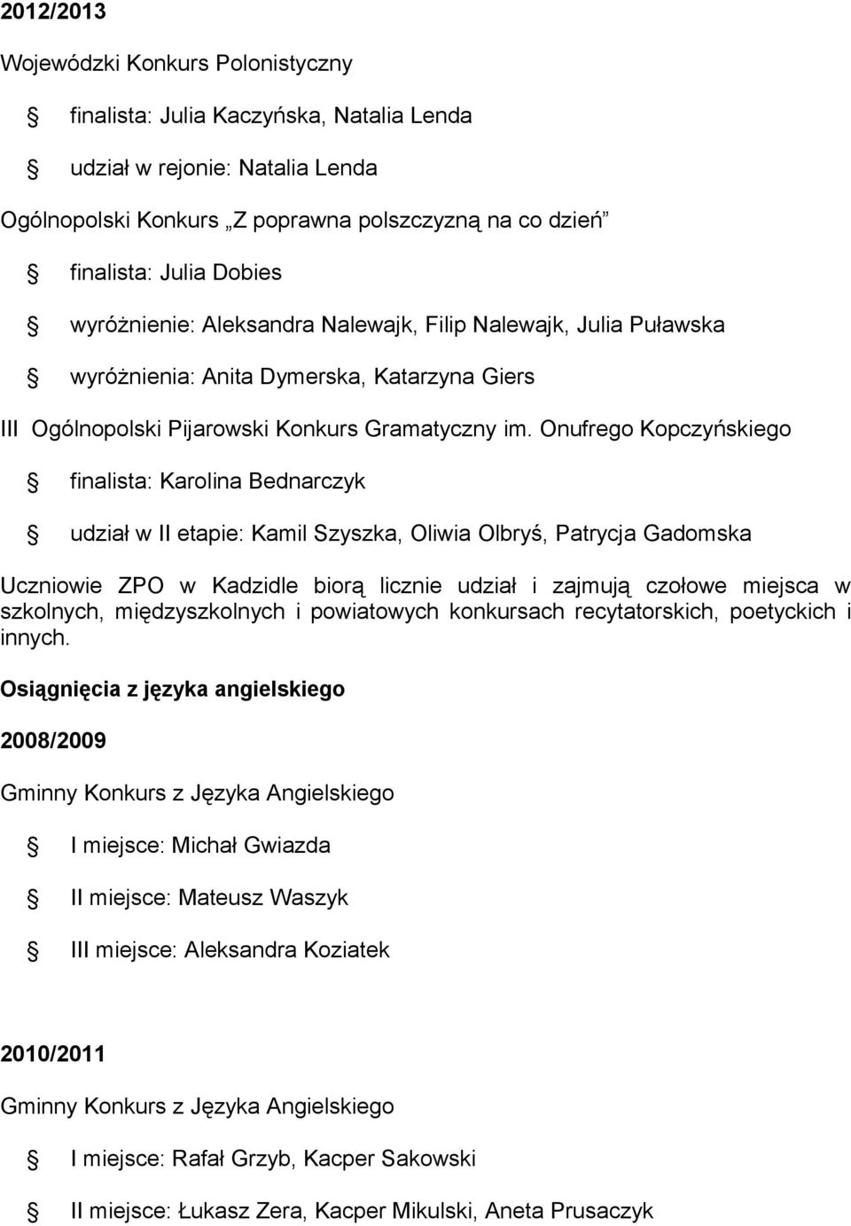 Onufrego Kopczyńskiego finalista: Karolina Bednarczyk udział w II etapie: Kamil Szyszka, Oliwia Olbryś, Patrycja Gadomska Uczniowie ZPO w Kadzidle biorą licznie udział i zajmują czołowe miejsca w