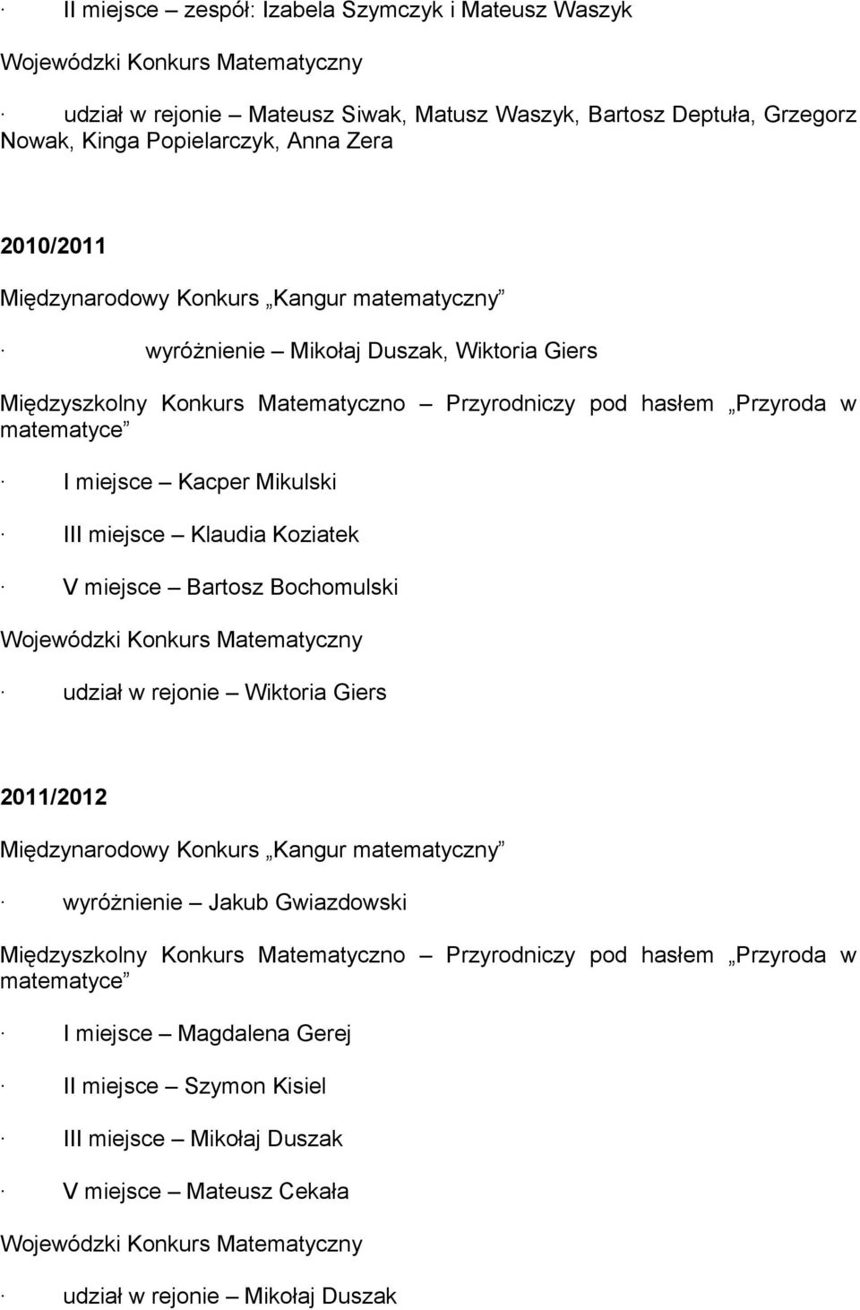 miejsce Klaudia Koziatek V miejsce Bartosz Bochomulski Wojewódzki Konkurs Matematyczny udział w rejonie Wiktoria Giers 2011/2012 Międzynarodowy Konkurs Kangur matematyczny wyróżnienie Jakub