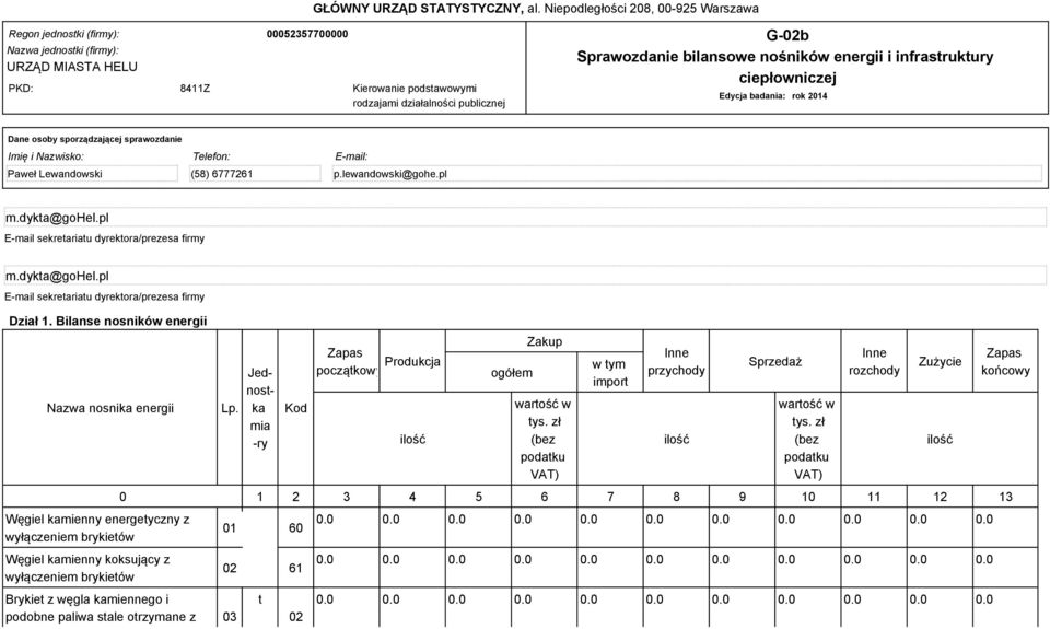 Sprawozdanie bilansowe nośników energii i infrastruktury ciepłowniczej Edycja badania: rok 2014 Dane osoby sporządzającej sprawozdanie Imię i Nazwisko: Telefon: E-mail: Paweł Lewandowski (58) 6777261