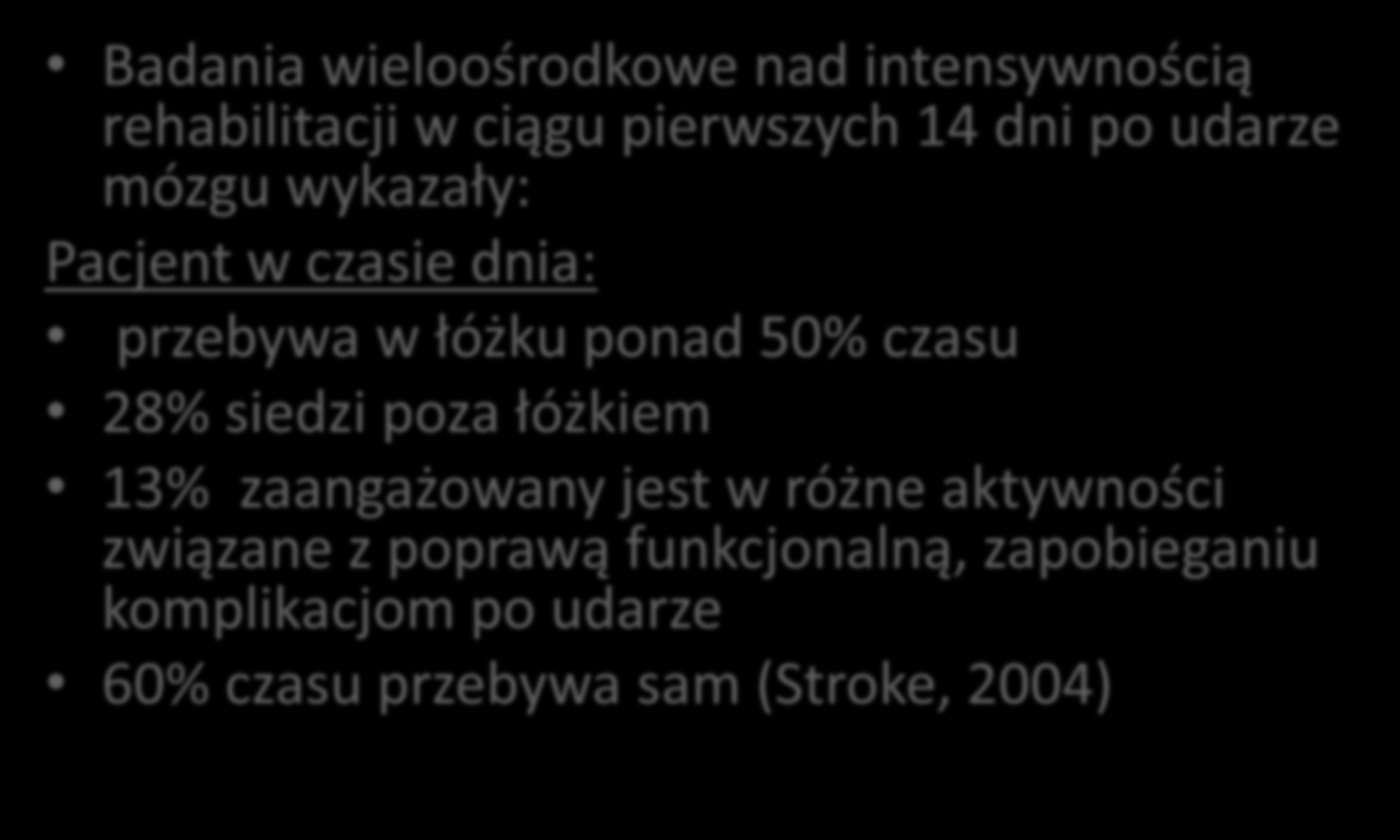 Udar mózgu-intensywność, szybkie wdrożenie Badania wieloośrodkowe nad intensywnością rehabilitacji w ciągu pierwszych 14 dni po udarze mózgu wykazały: Pacjent w czasie dnia: przebywa w