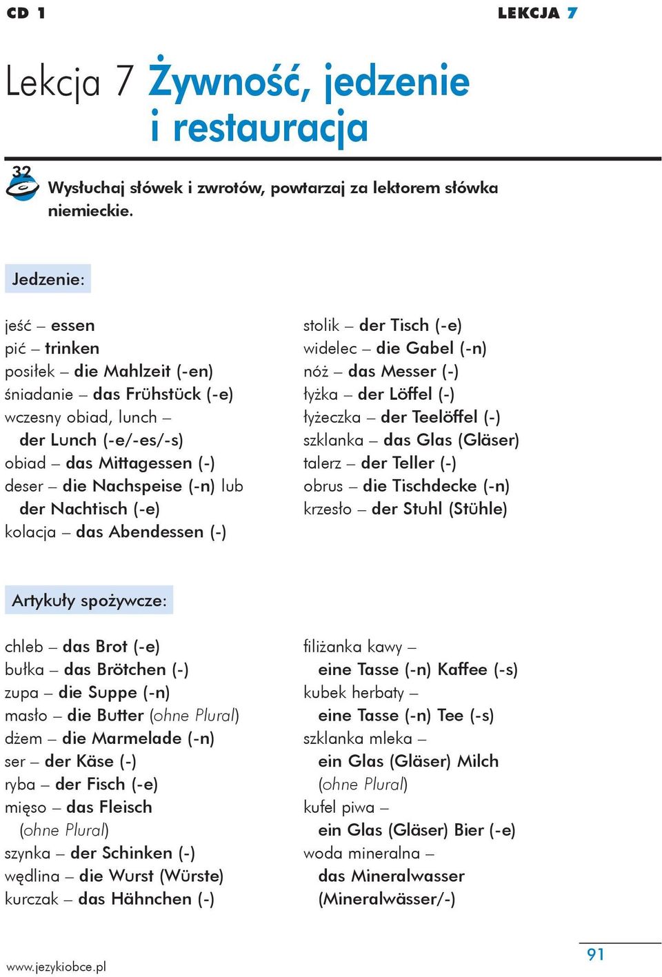 Nachtisch (-e) kolacja das Abendessen (-) stolik der Tisch (-e) widelec die Gabel (-n) nóż das Messer (-) łyżka der Löffel (-) łyżeczka der Teelöffel (-) szklanka das Glas (Gläser) talerz der Teller