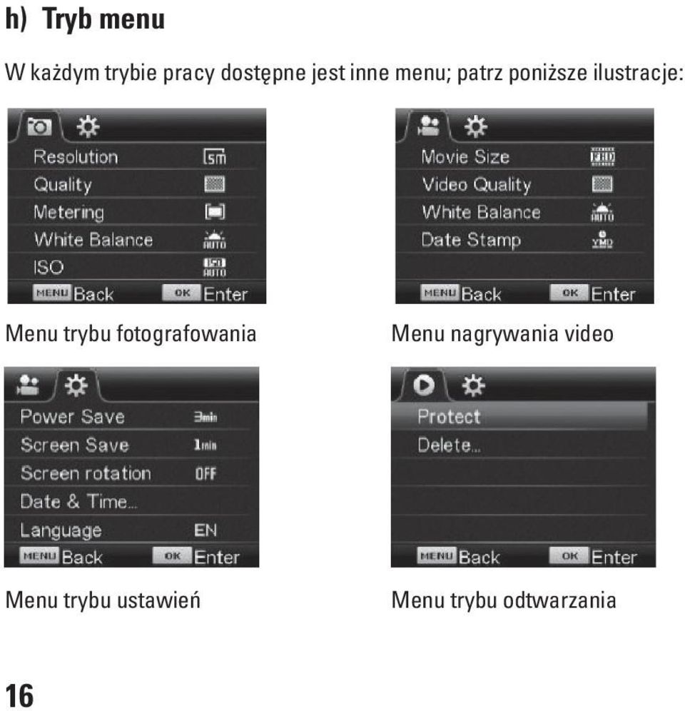 Menu trybu fotografowania Menu nagrywania