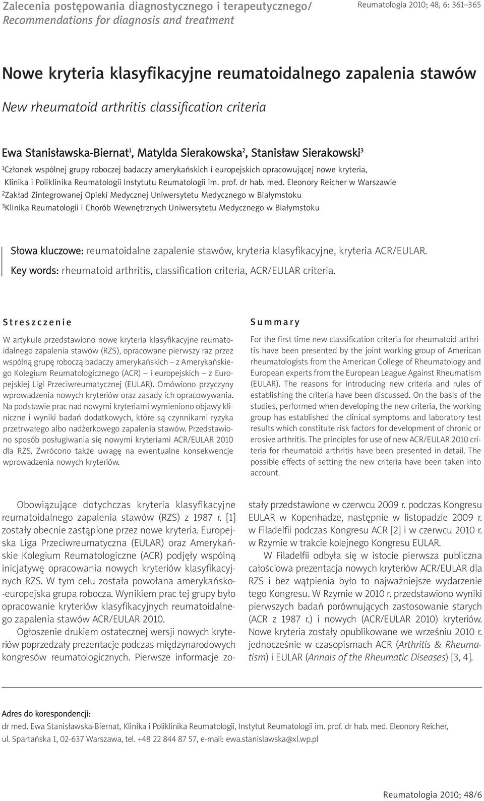 opracowującej nowe kryteria, Klinika i Poliklinika Reumatologii Instytutu Reumatologii im. prof. dr hab. med.