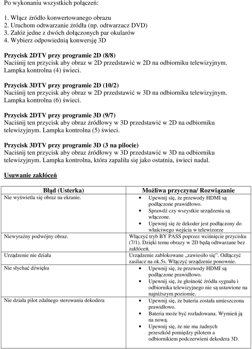 Przycisk 3DTV przy programie 2D (10/2) Naciśnij ten przycisk aby obraz w 2D przedstawić w 3D na odbiorniku telewizyjnym. Lampka kontrolna (6) świeci.