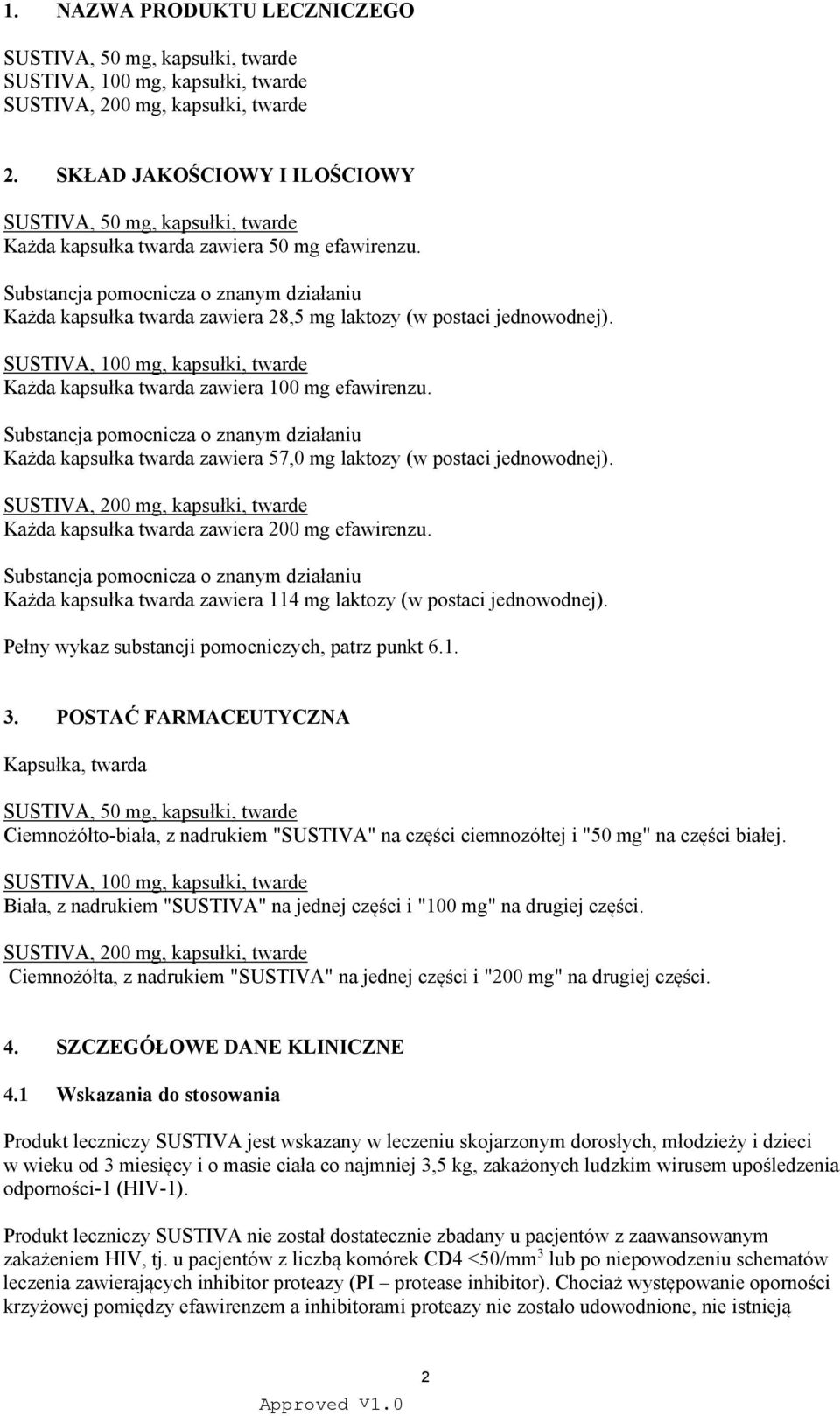 Substancja pomocnicza o znanym działaniu Każda kapsułka twarda zawiera 28,5 mg laktozy (w postaci jednowodnej). SUSTIVA, 100 mg, kapsułki, twarde Każda kapsułka twarda zawiera 100 mg efawirenzu.