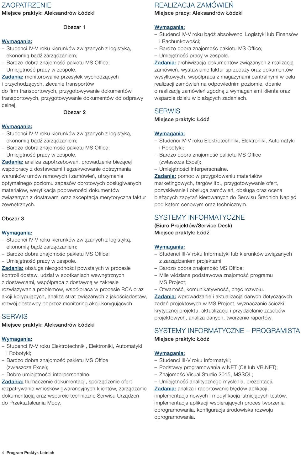 Studenci IV-V roku kierunków związanych z logistyką, ekonomią bądź zarządzaniem; Zadania: analiza zapotrzebowań, prowadzenie bieżącej współpracy z dostawcami i egzekwowanie dotrzymania warunków umów