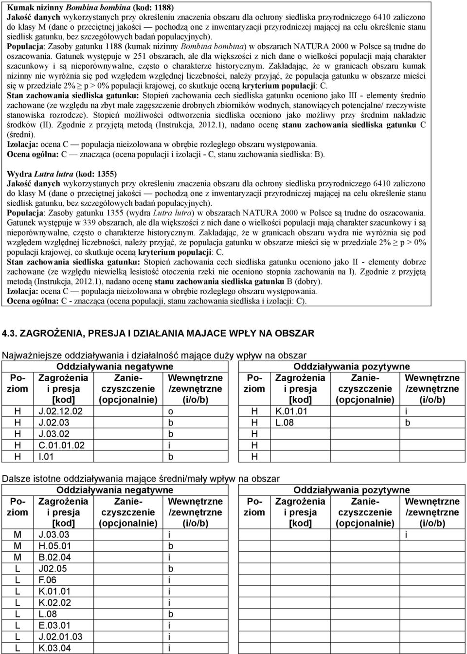 Populacja: Zasoby gatunku 1188 (kumak nizinny Bombina bombina) w obszarach NATURA 2000 w Polsce są trudne do oszacowania.