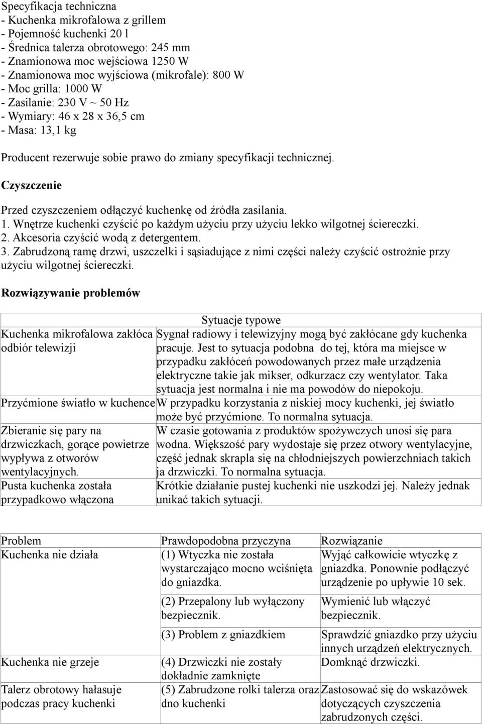 Czyszczenie Przed czyszczeniem odłączyć kuchenkę od źródła zasilania. 1. Wnętrze kuchenki czyścić po każdym użyciu przy użyciu lekko wilgotnej ściereczki. 2. Akcesoria czyścić wodą z detergentem. 3.