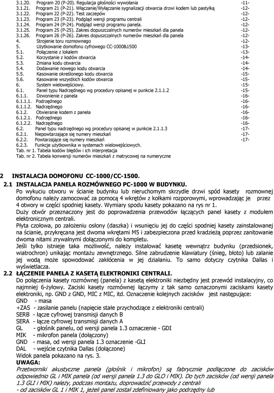 Zakres dopuszczalnych numerów mieszkań dla panela -12-3.1.26. Program 26 (P-26). Zakres dopuszczalnych numerów mieszkań dla panela -12-4. Strojenie toru rozmownego -12-5.