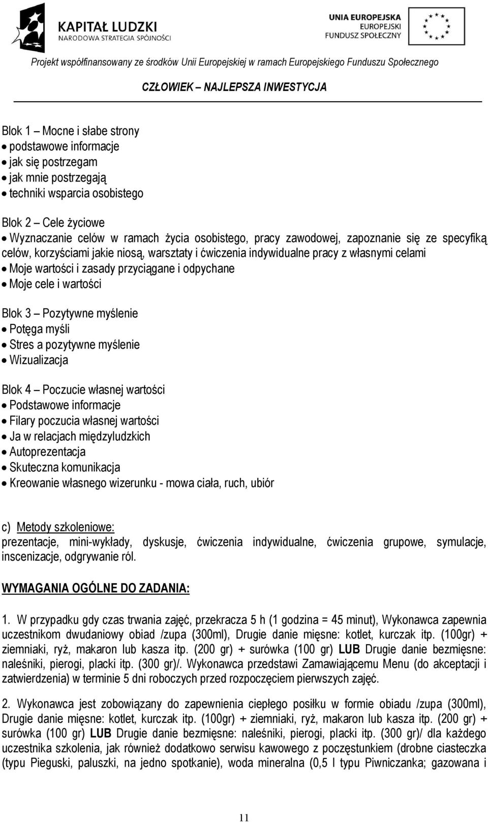 Blok 3 Pozytywne myślenie Potęga myśli Stres a pozytywne myślenie Wizualizacja Blok 4 Poczucie własnej wartości Podstawowe informacje Filary poczucia własnej wartości Ja w relacjach międzyludzkich