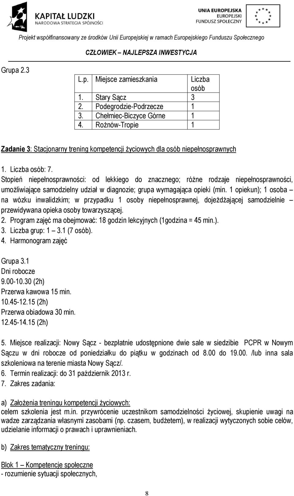 Stopień niepełnosprawności: od lekkiego do znacznego; różne rodzaje niepełnosprawności, umożliwiające samodzielny udział w diagnozie; grupa wymagająca opieki (min.