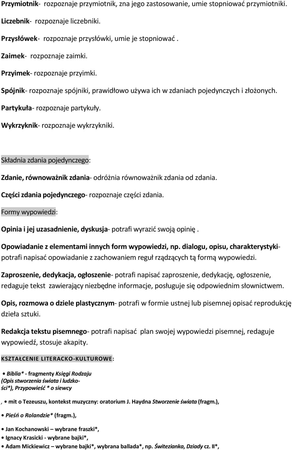 Wykrzyknik- rozpoznaje wykrzykniki. Składnia zdania pojedynczego: Zdanie, równoważnik zdania- odróżnia równoważnik zdania od zdania. Części zdania pojedynczego- rozpoznaje części zdania.