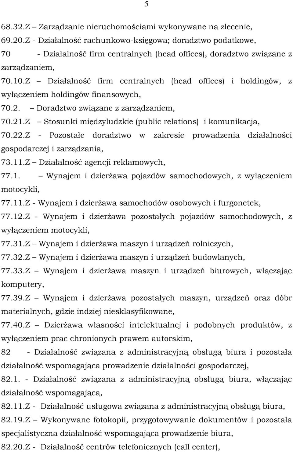 Z Działalność firm centralnych (head offices) i holdingów, z wyłączeniem holdingów finansowych, 70.2. Doradztwo związane z zarządzaniem, 70.21.