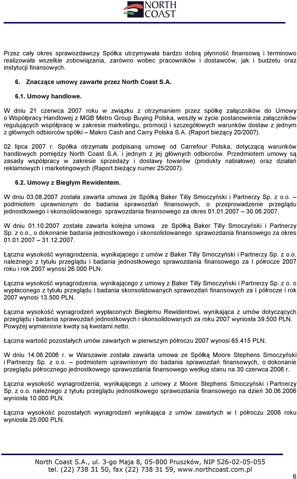 W dniu 21 czerwca 2007 roku w związku z otrzymaniem przez spółkę załączników do Umowy o Współpracy Handlowej z MGB Metro Group Buying Polska, weszły w życie postanowienia załączników regulujących