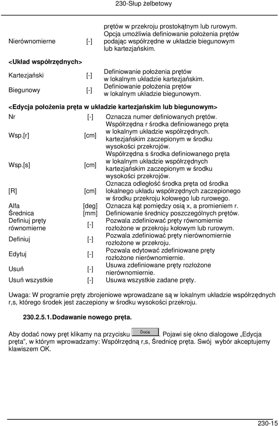 Definiowanie położenia prętów w lokalnym układzie biegunowym. <Edycja położenia pręta w układzie kartezjańskim lub biegunowym> Nr [-] Oznacza numer definiowanych prętów. Wsp.