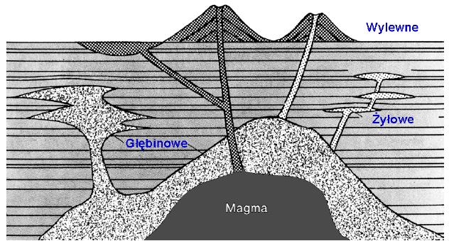szczątków zwierzęcych, a także przez wytrącanie się związków mineralnych z wód w zamkniętych zbiornikach wodnych. skały magmowe - powstały przez zakrzepnięcie płynnego stopu krzemianowego - magmy.