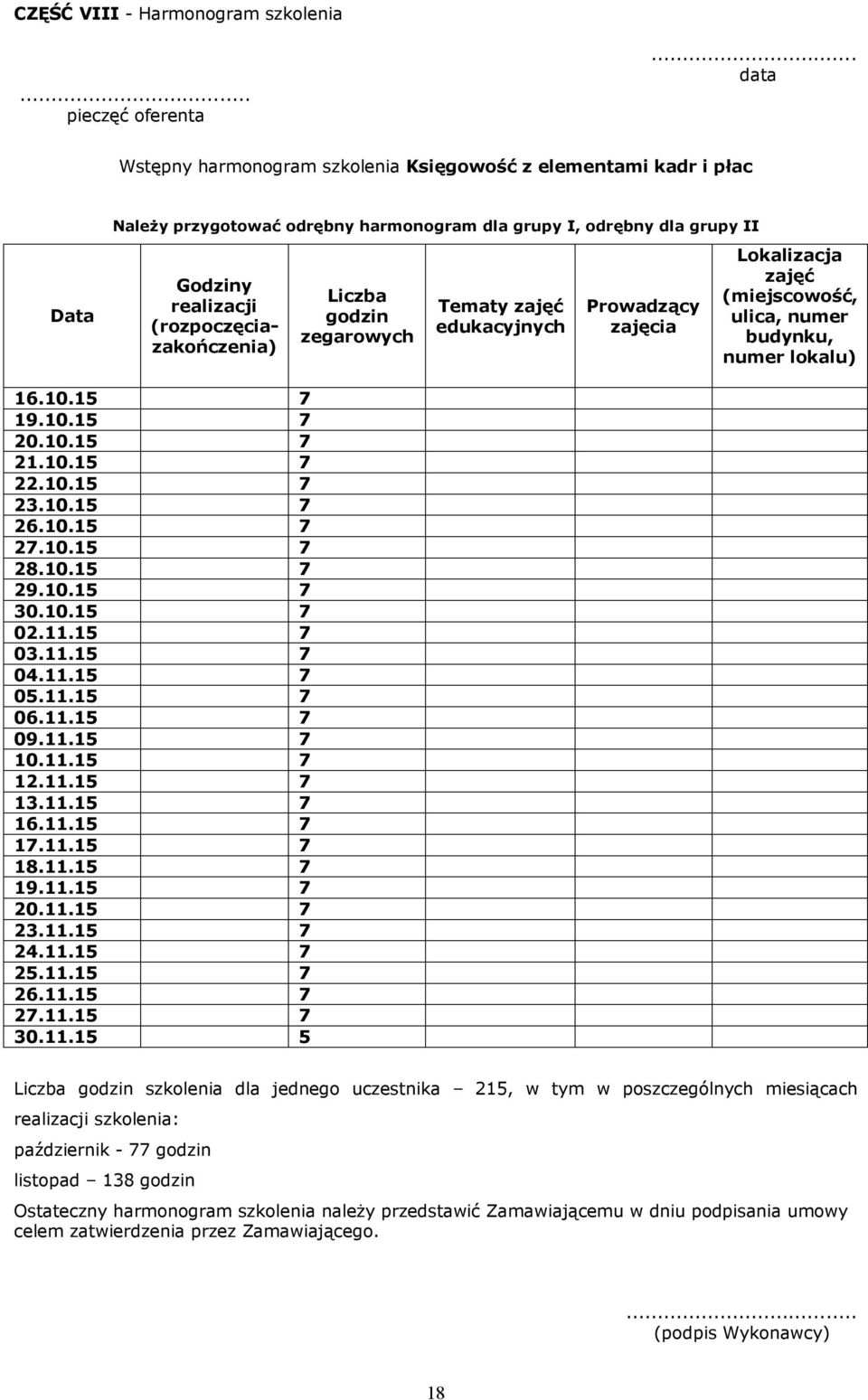 Liczba godzin zegarowych Tematy zajęć edukacyjnych Prowadzący zajęcia Lokalizacja zajęć (miejscowość, ulica, numer budynku, numer lokalu) 16.10.15 7 19.10.15 7 20.10.15 7 21.10.15 7 22.10.15 7 23.10.15 7 26.