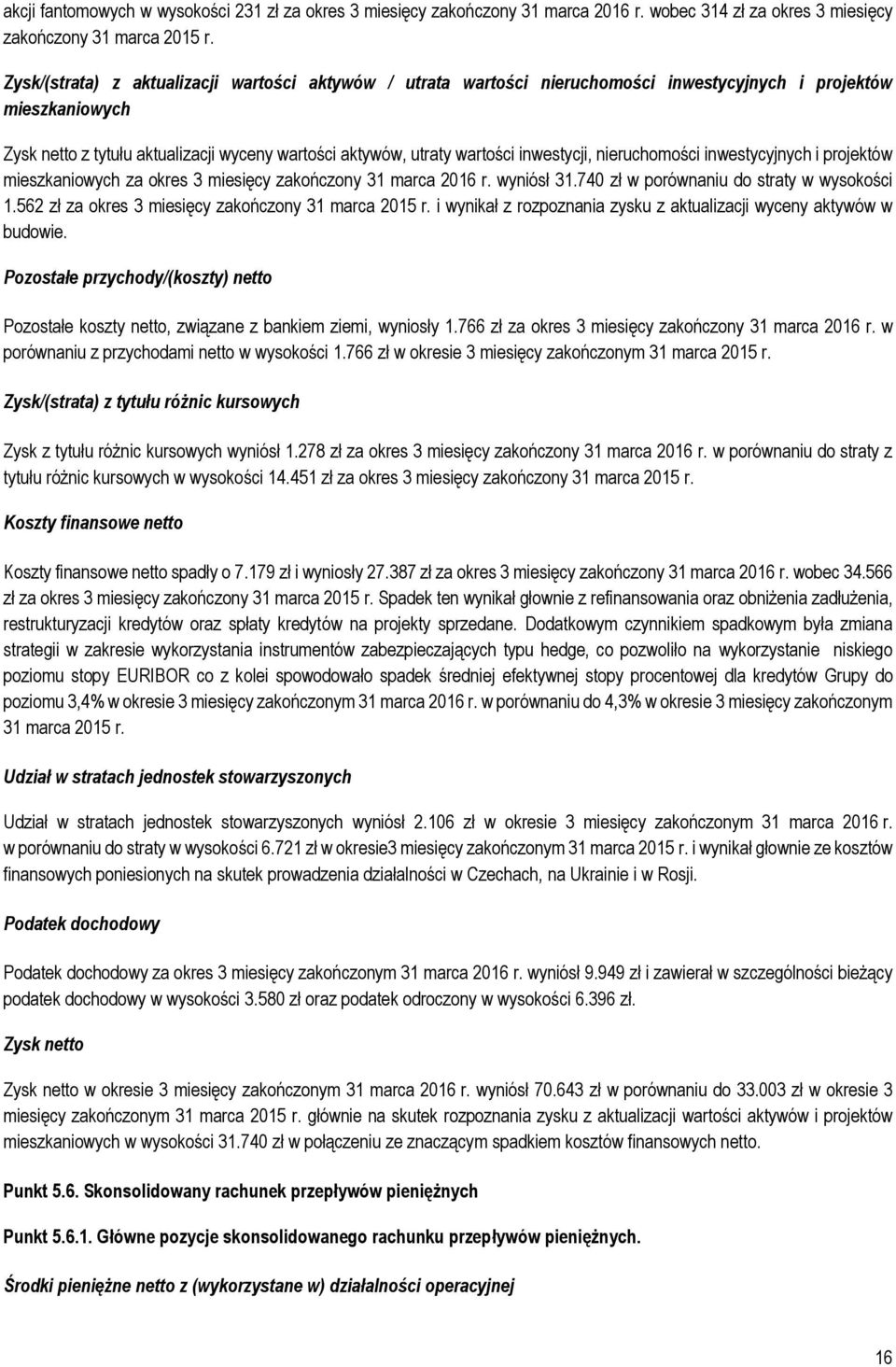 inwestycji, nieruchomości inwestycyjnych i projektów mieszkaniowych za okres 3 miesięcy zakończony 31 marca 2016 r. wyniósł 31.740 zł w porównaniu do straty w wysokości 1.