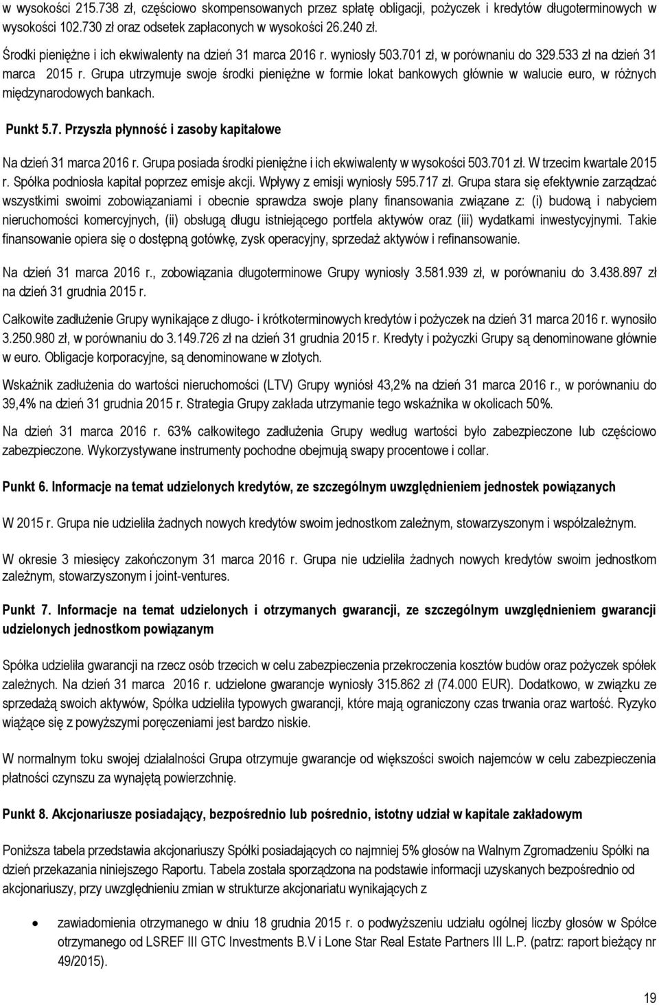 Grupa utrzymuje swoje środki pieniężne w formie lokat bankowych głównie w walucie euro, w różnych międzynarodowych bankach. Punkt 5.7. Przyszła płynność i zasoby kapitałowe Na dzień 31 marca 2016 r.