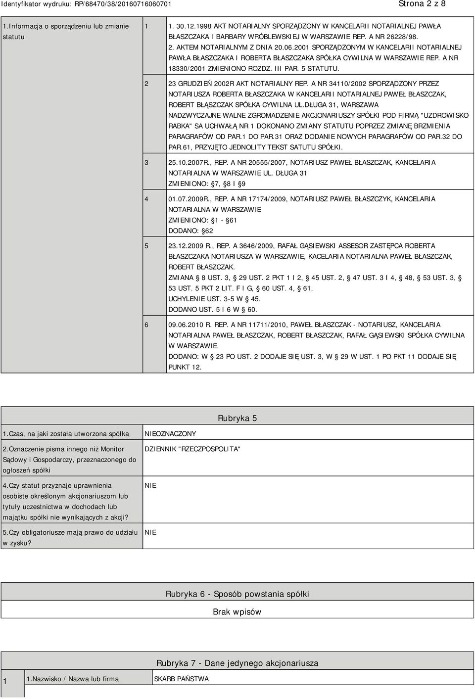 2 23 GRUDZIEŃ 2002R AKT NOTARIALNY REP. A NR 34110/2002 SPORZĄDZONY PRZEZ NOTARIUSZA ROBERTA BŁASZCZAKA W KANCELARII NOTARIALNEJ PAWEŁ BŁASZCZAK, ROBERT BŁĄSZCZAK SPÓŁKA CYWILNA UL.