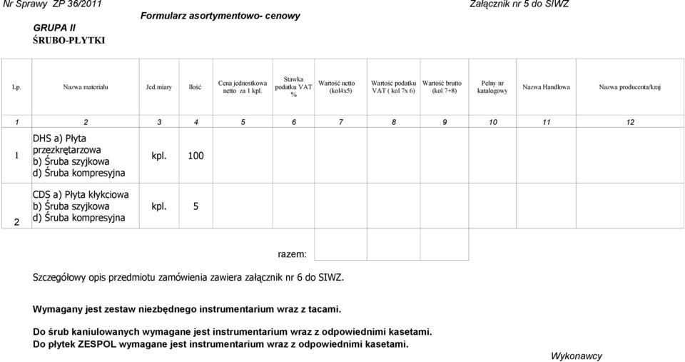 100 d) Śruba kompresyjna 2 CDS a) Płyta kłykciowa b) Śruba szyjkowa d) Śruba kompresyjna kpl. 5 razem: Szczegółowy opis przedmiotu zamówienia zawiera załącznik nr 6 do SIWZ.