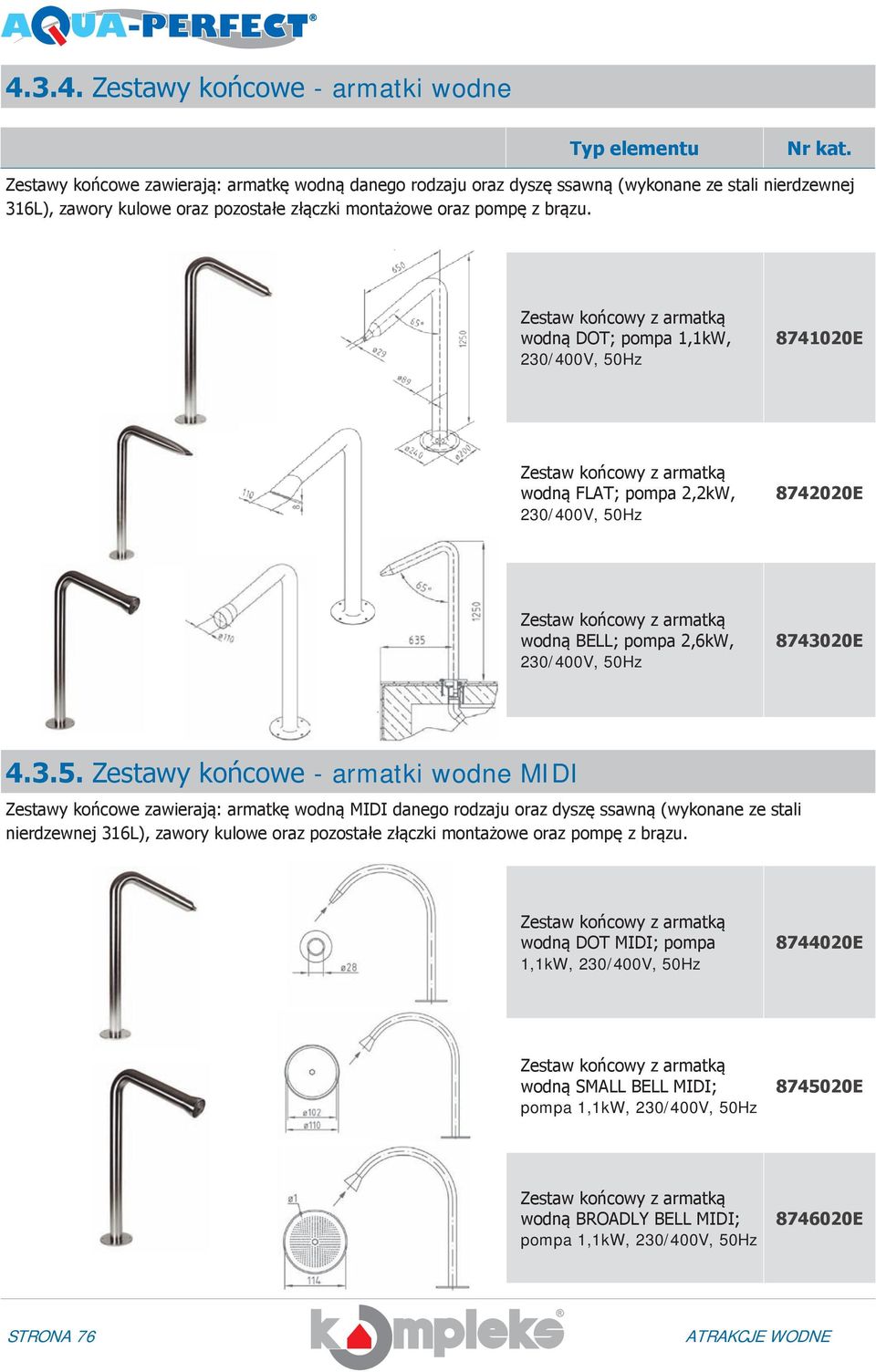 Zestaw końcowy z armatką wodną DOT; pompa 1,1kW, 230/400V, 50Hz 8741020E Zestaw końcowy z armatką wodną FLAT; pompa 2,2kW, 230/400V, 50Hz 8742020E Zestaw końcowy z armatką wodną BELL; pompa 2,6kW,
