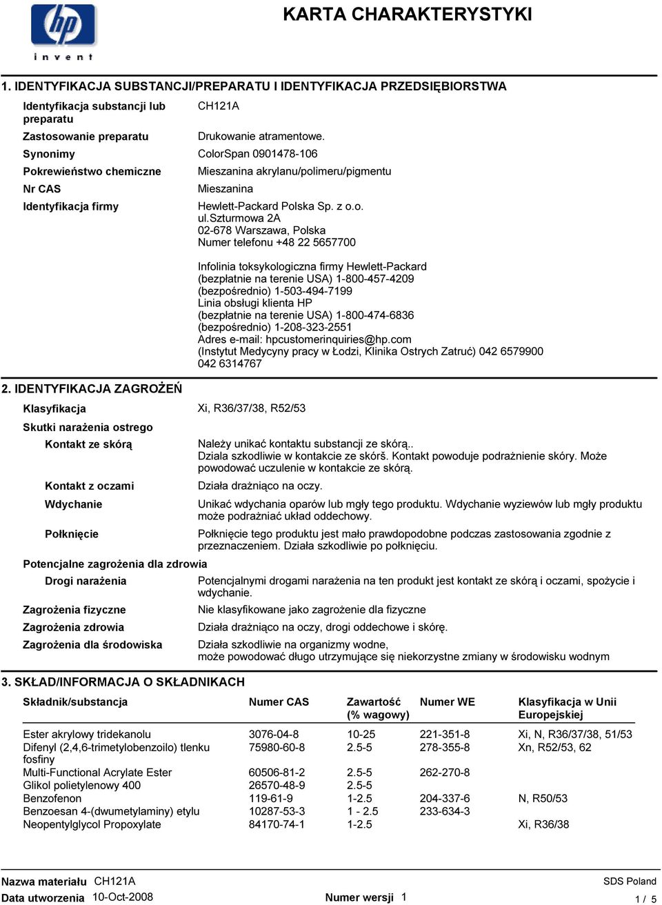 szturmowa 2A 02-678 Warszawa, Polska Numer telefonu +48 22 5657700 Klasyfikacja Xi, R36/37/38, R52/53 Skutki naraŝenia ostrego Kontakt ze skórą Kontakt z oczami Wdychanie Połknięcie Potencjalne