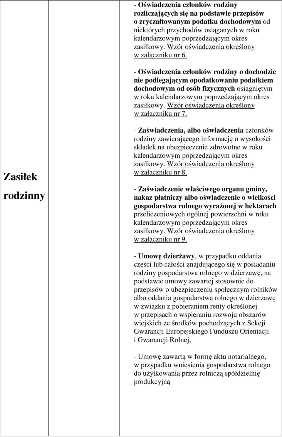 - Zaświadczenia, albo oświadczenia członków rodziny zawierającego informację o wysokości składek na ubezpieczenie zdrowotne w roku w załączniku nr 8.