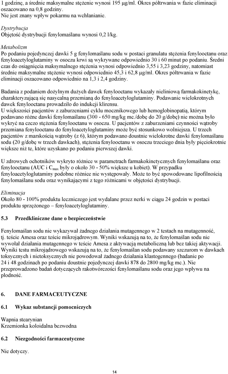 Metabolizm Po podaniu pojedynczej dawki 5 g fenylomaślanu sodu w postaci granulatu stężenia fenylooctanu oraz fenyloacetyloglutaminy w osoczu krwi są wykrywane odpowiednio 30 i 60 minut po podaniu.