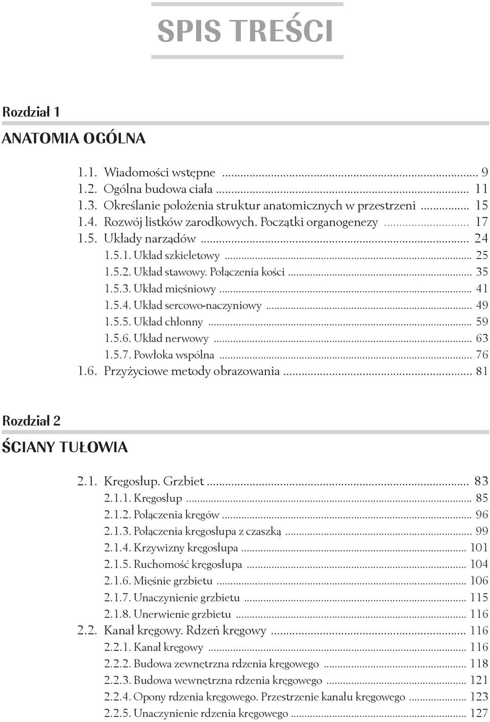 5.5. Układ chłonny... 59 1.5.6. Układ nerwowy... 63 1.5.7. Powłoka wspólna... 76 1.6. Przyżyciowe metody obrazowania... 81 Rozdział 2 ŚCIANY TUŁOWIA 2.1. Kręgosłup. Grzbiet... 83 2.1.1. Kręgosłup... 85 2.