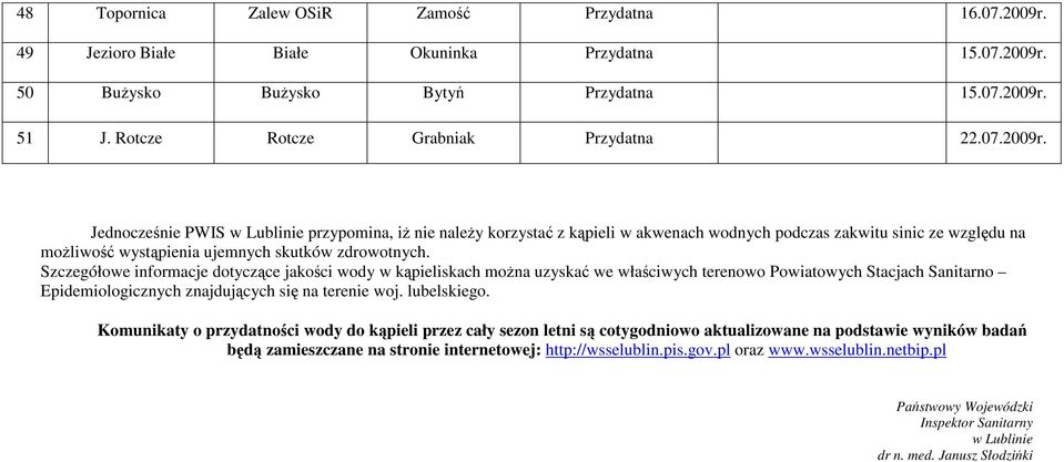 Szczegółowe informacje dotyczące jakości wody w kąpieliskach moŝna uzyskać we właściwych terenowo Powiatowych Stacjach Sanitarno Epidemiologicznych znajdujących się na terenie woj. lubelskiego.