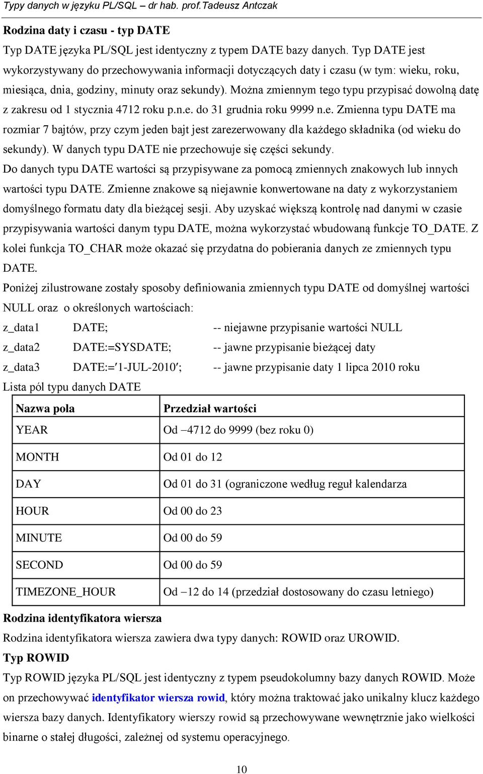 Można zmiennym tego typu przypisać dowolną datę z zakresu od 1 stycznia 4712 roku p.n.e. do 31 grudnia roku 9999 n.e. Zmienna typu DATE ma rozmiar 7 bajtów, przy czym jeden bajt jest zarezerwowany dla każdego składnika (od wieku do sekundy).