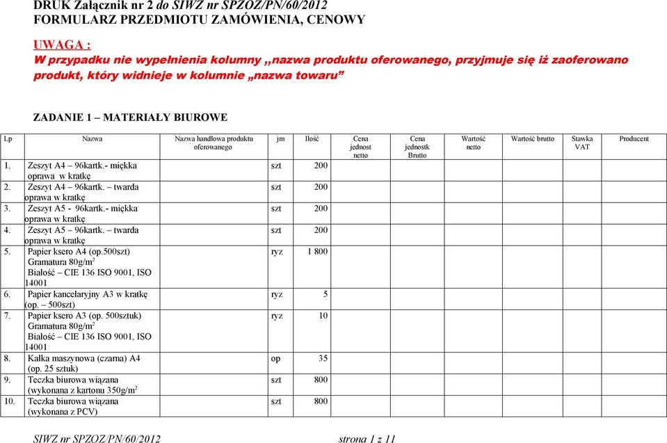 Zeszyt A4 96kartk. twarda oprawa w kratkę 3. Zeszyt A5-96kartk.- miękka oprawa w kratkę 4. Zeszyt A5 96kartk. twarda oprawa w kratkę 5. Papier ksero A4 (op.