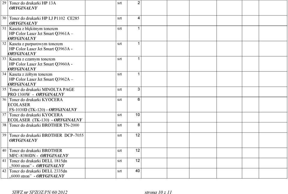 - 36 Toner do drukarki KYOCERA szt 6 ECOLASER FS-1030D (TK-120) - 37 Toner do drukarki KYOCERA ECOLASER (TK-130) - 38 Toner do drukarki BROTHER TN-2000 szt 8 39 Toner do drukarki BROTHER