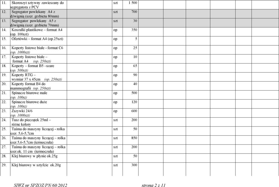 Koperty format B5 szare op 65 (op. 500szt) 19. Koperty RTG op 90 wymiar 37 x 45cm (op. 250szt) 20. Koperty format B4 do op 40 mammografii (op. 250szt) 21. Spinacze biurowe małe op 500 (op. 100sz) 22.