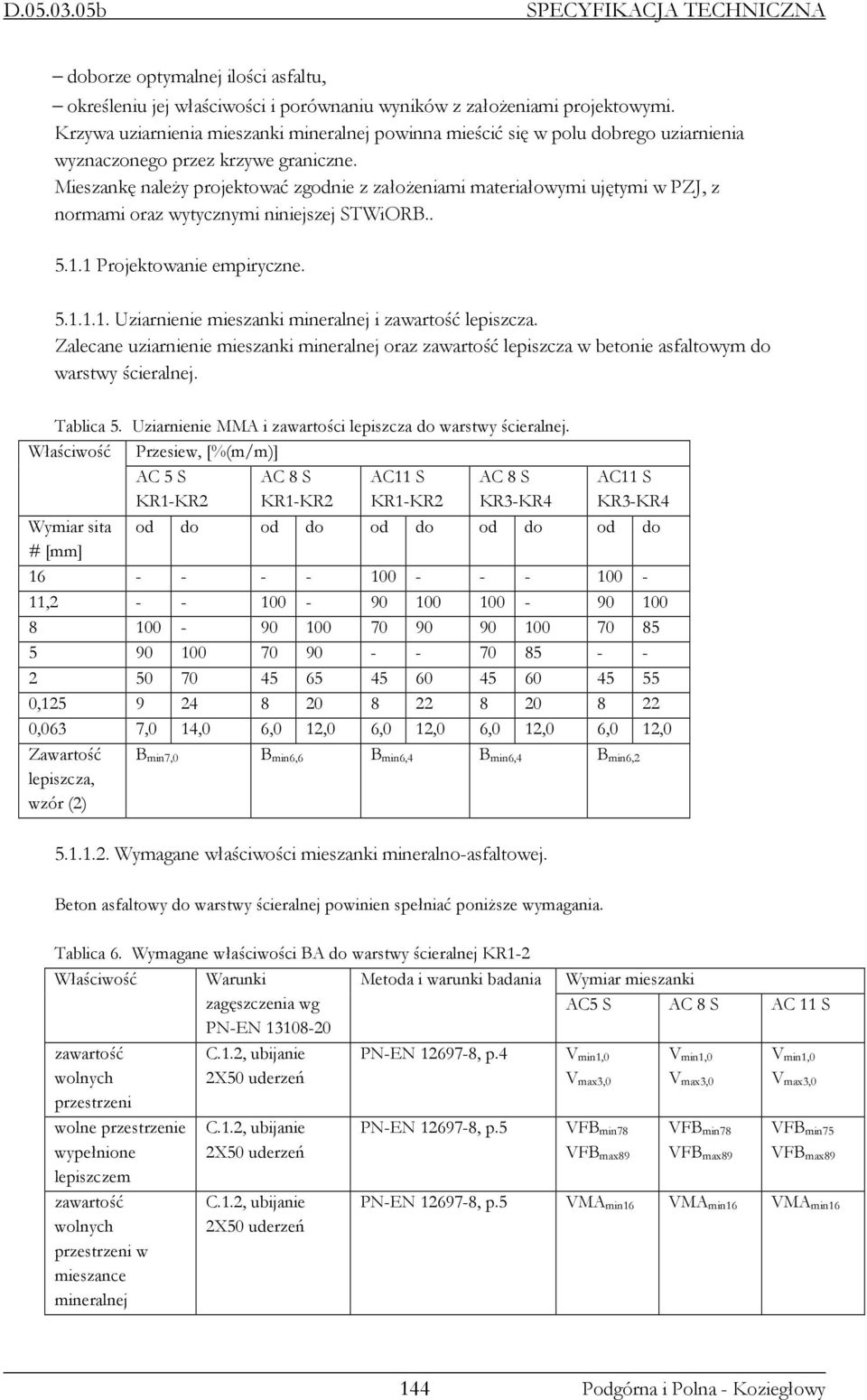 Mieszankę naleŝy projektować zgodnie z załoŝeniami materiałowymi ujętymi w PZJ, z normami oraz wytycznymi niniejszej STWiORB.. 5.1.1 Projektowanie empiryczne. 5.1.1.1. Uziarnienie mieszanki mineralnej i zawartość lepiszcza.