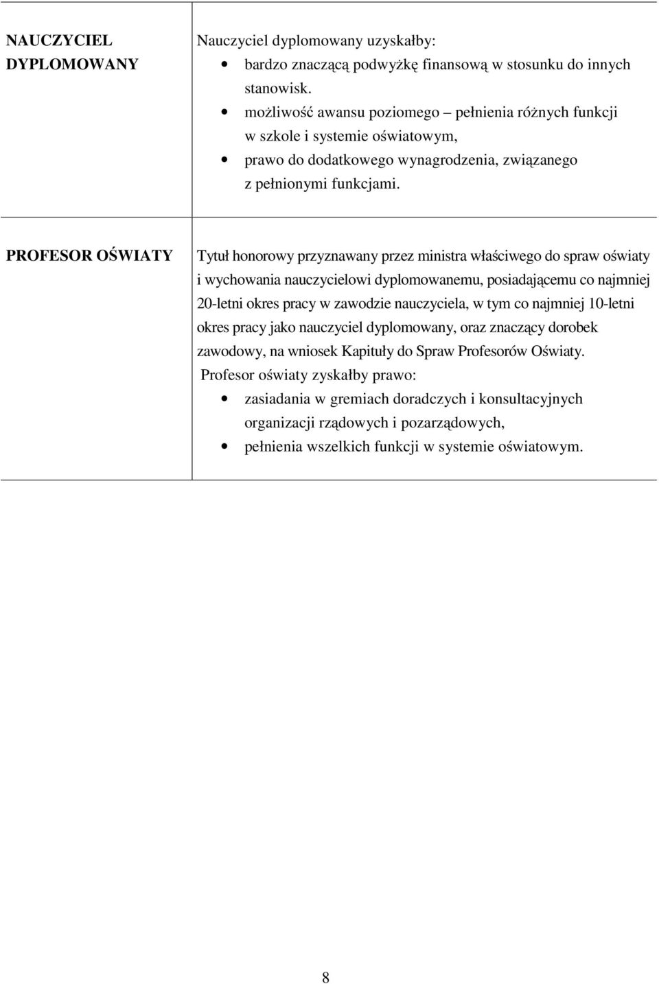 PROFESOR OŚWIATY Tytuł honorowy przyznawany przez ministra właściwego do spraw oświaty i wychowania nauczycielowi dyplomowanemu, posiadającemu co najmniej 20-letni okres pracy w zawodzie nauczyciela,