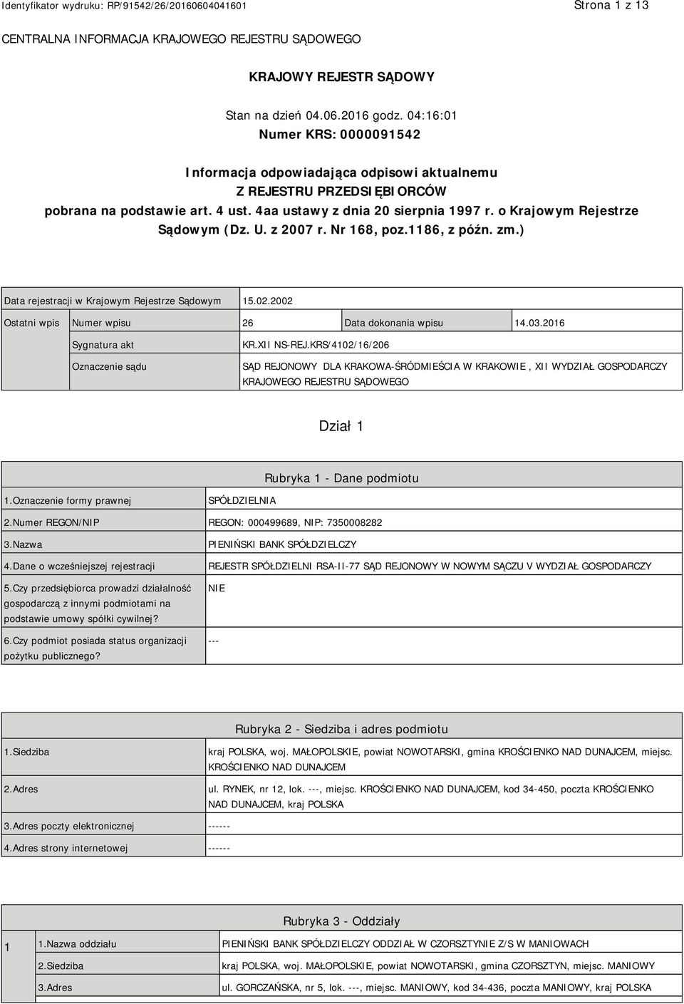 o Krajowym Rejestrze Sądowym (Dz. U. z 2007 r. Nr 168, poz.1186, z późn. zm.) Data rejestracji w Krajowym Rejestrze Sądowym 15.02.2002 Ostatni wpis Numer wpisu 26 Data dokonania wpisu 14.03.