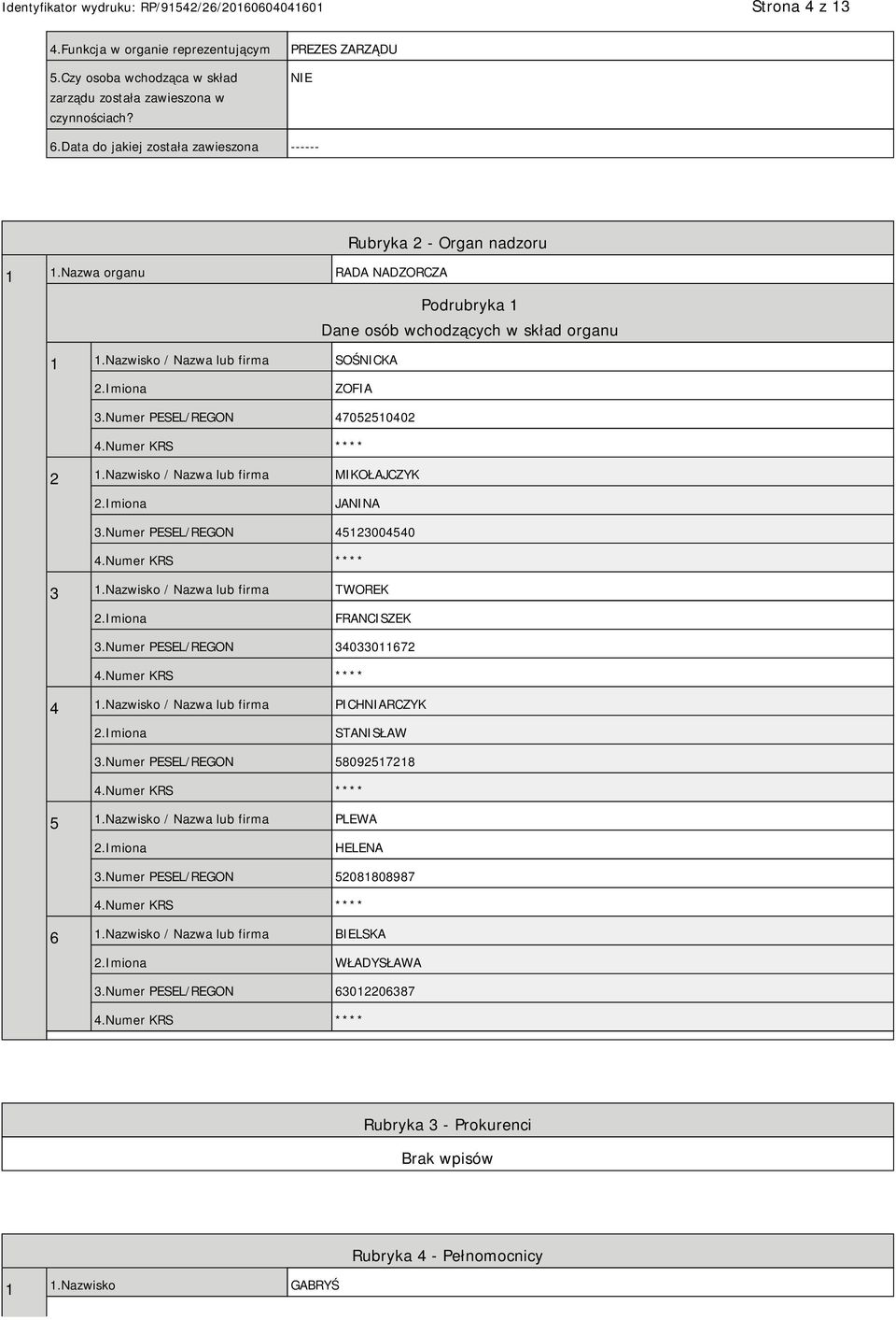 Numer PESEL/REGON 47052510402 4.Numer KRS **** 2 1.Nazwisko / Nazwa lub firma MIKOŁAJCZYK JANINA 3.Numer PESEL/REGON 45123004540 4.Numer KRS **** 3 1.Nazwisko / Nazwa lub firma TWOREK FRANCISZEK 3.