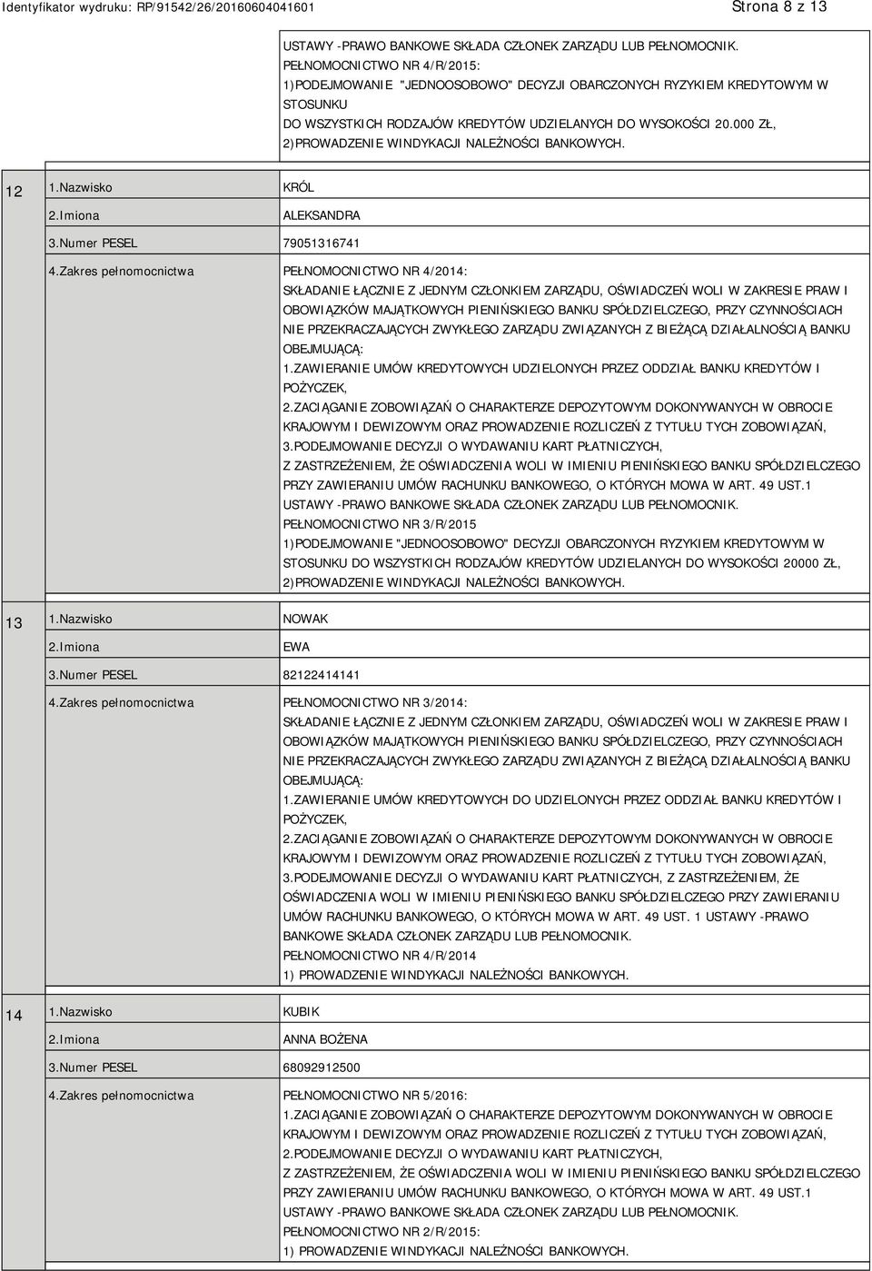 000 ZŁ, 2)PROWADZENIE WINDYKACJI NALEŻNOŚCI BANKOWYCH. 12 1.Nazwisko KRÓL ALEKSANDRA 3.Numer PESEL 79051316741 4.Zakres pełnomocnictwa PEŁNOMOCNICTWO NR 4/2014: 1.