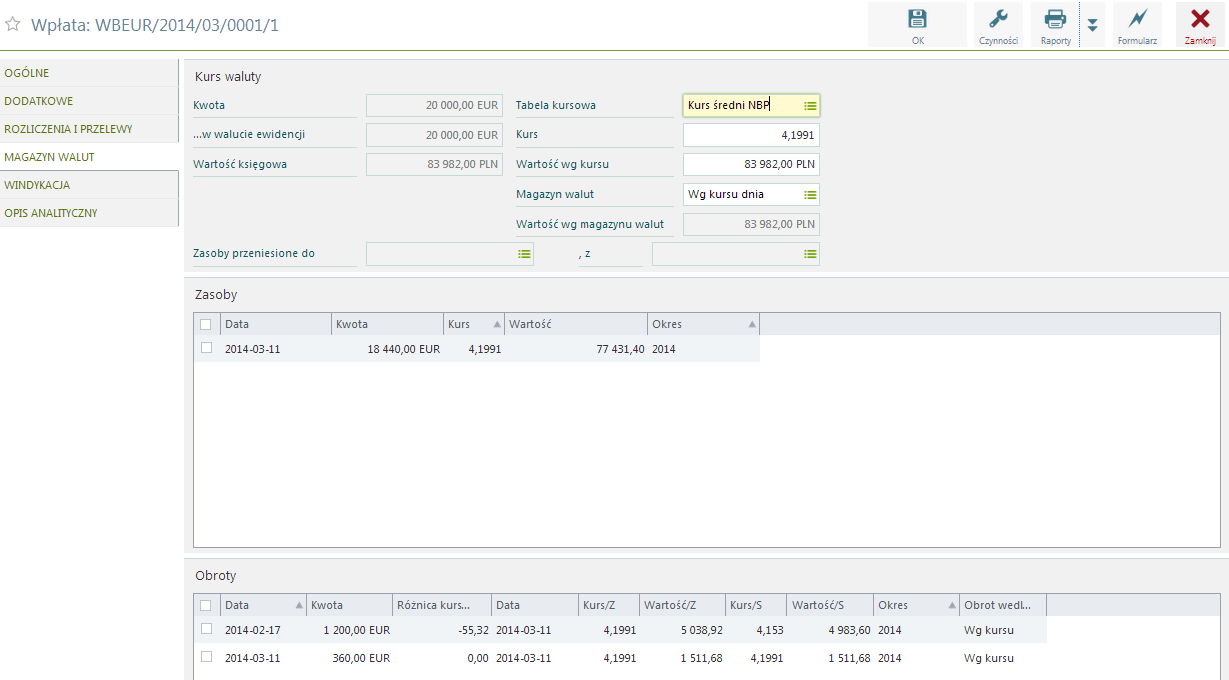 Na każdej operacji Wpłaty na zakładce Magazyn Walut tworzą się zasoby, które pokazują wartości waluty wchodzące na magazyn i ich wartość w PLN po kursie dnia.