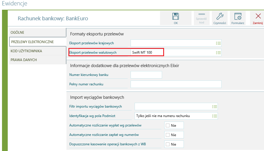Przelew walutowy Konfiguracja Możliwość utworzenia oraz wyeksportowania przelewu walutowego wymaga odpowiedniej konfiguracji programu.