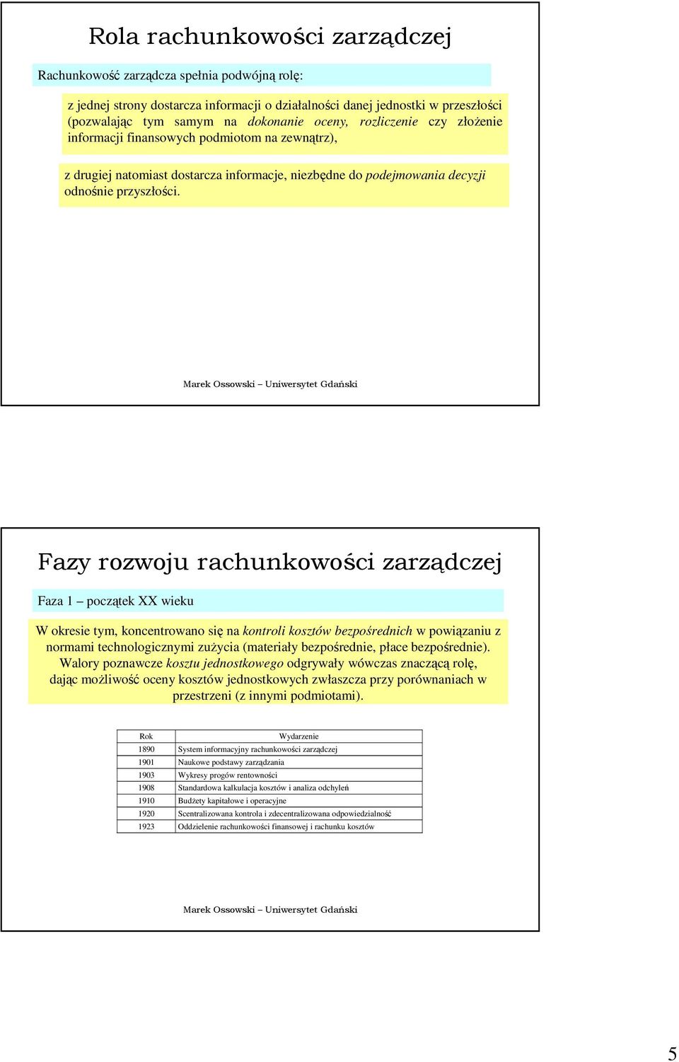 Fazy rozwoju rachunkowości zarządczej Faza 1 początek XX wieku W okresie tym, koncentrowano się na kontroli kosztów bezpośrednich w powiązaniu z normami technologicznymi zuŝycia (materiały