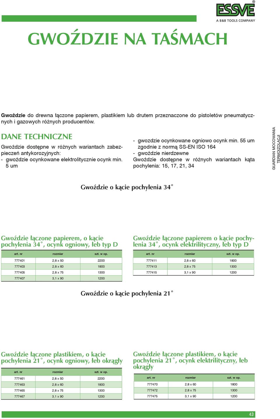 55 um zgodnie z normą SS-EN ISO 164 - gwoździe nierdzewne Gwoździe dostępne w różnych wariantach kąta pochylenia: 15, 17, 21, 34 GUARDIAN MOCOWANIA TERMOIZOLACJI Gwoździe o kącie pochylenia 34