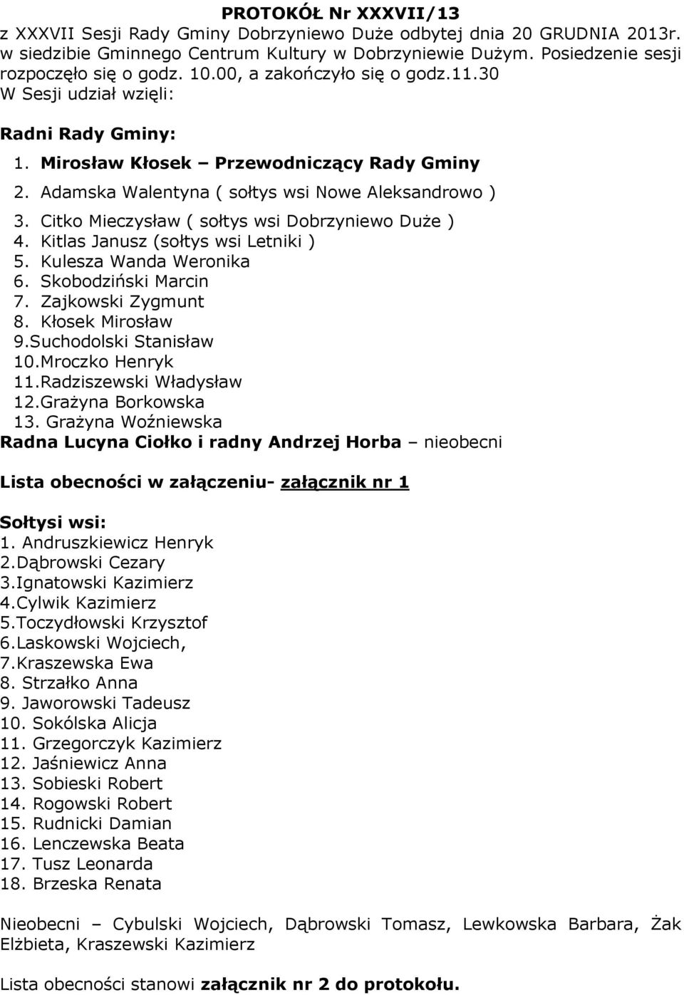 Citko Mieczysław ( sołtys wsi Dobrzyniewo Duże ) 4. Kitlas Janusz (sołtys wsi Letniki ) 5. Kulesza Wanda Weronika 6. Skobodziński Marcin 7. Zajkowski Zygmunt 8. Kłosek Mirosław 9.