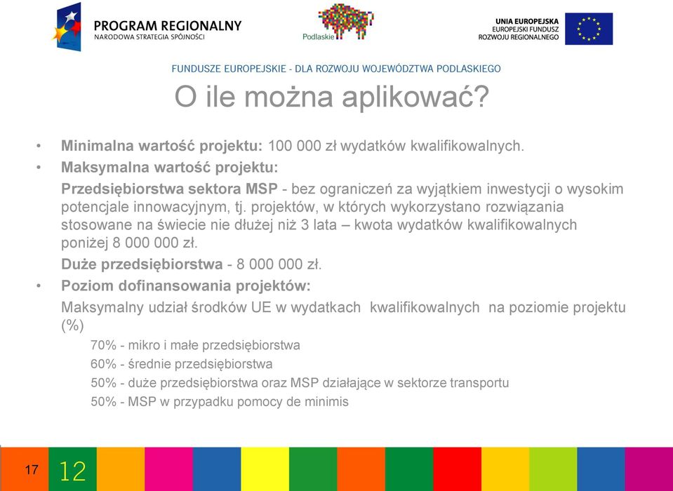 projektów, w których wykorzystano rozwiązania stosowane na świecie nie dłużej niż 3 lata kwota wydatków kwalifikowalnych poniżej 8 000 000 zł.