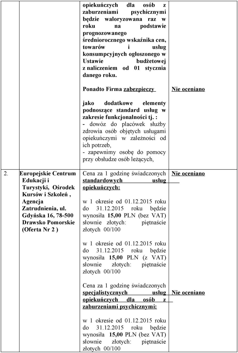 Gdyńska 16, 78-500 Drawsko Pomorskie (Oferta Nr 2 ) jako dodatkowe elementy podnoszące standard usług w zakresie funkcjonalności tj.